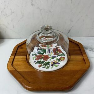 VINTAGE Dolphin Teakwood Cheese board with glass dome